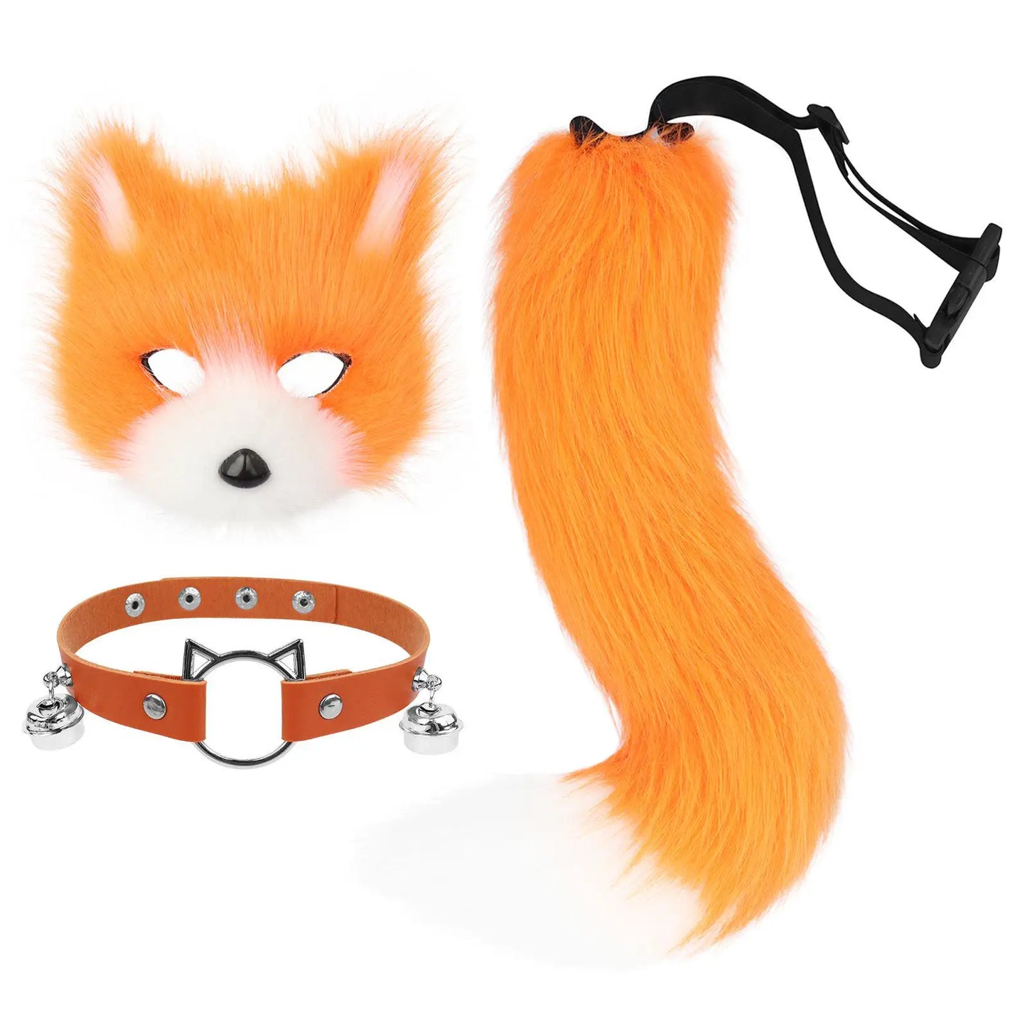 Máscara de zorro de piel sintética, cola esponjosa de gato lobo y collar de cuero, conjunto de accesorios para THERIANS