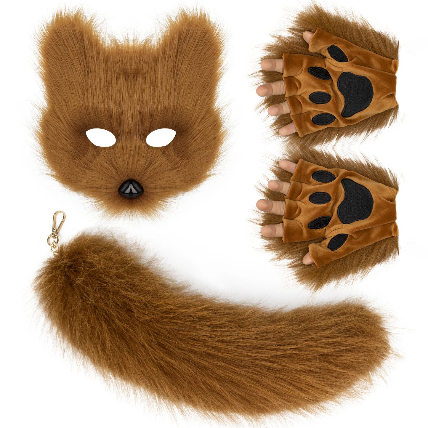 LLavero de cola de zorro de piel esponjosa, guantes con patas de gato y máscara de lobo Therian, conjunto para accesorios de disfraz de Halloween