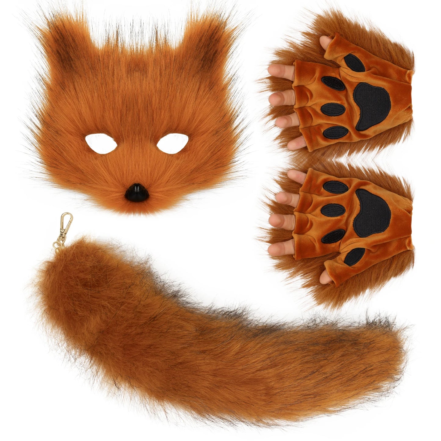 LLavero de cola de zorro de piel esponjosa, guantes con patas de gato y máscara de lobo Therian, conjunto para accesorios de disfraz de Halloween