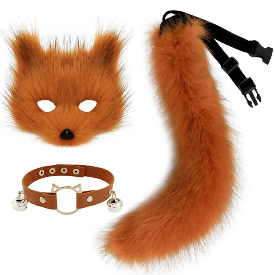 Máscara de zorro de piel sintética, cola esponjosa de gato lobo y collar de cuero, conjunto de accesorios para THERIANS