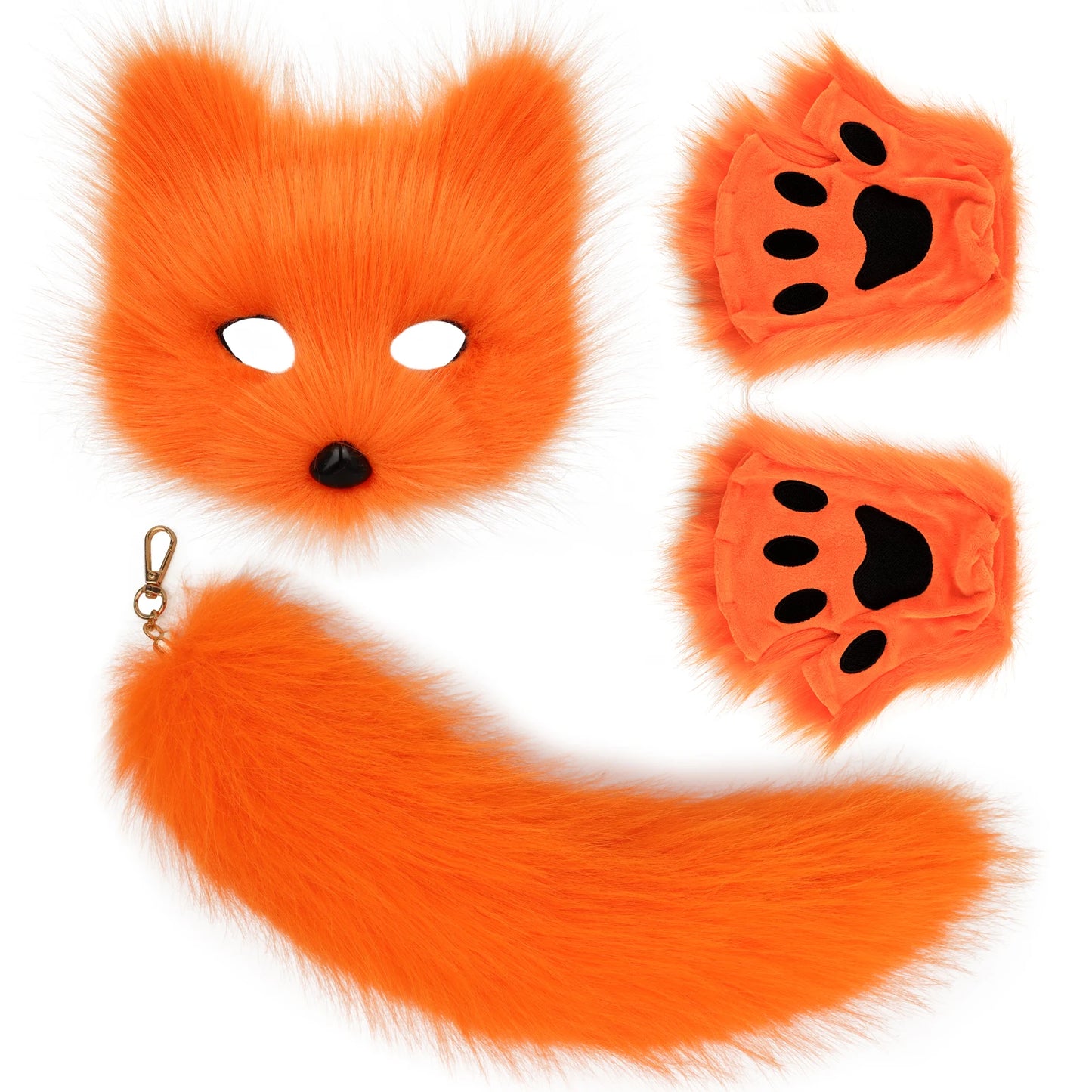 LLavero de cola de zorro de piel esponjosa, guantes con patas de gato y máscara de lobo Therian, conjunto para accesorios de disfraz de Halloween