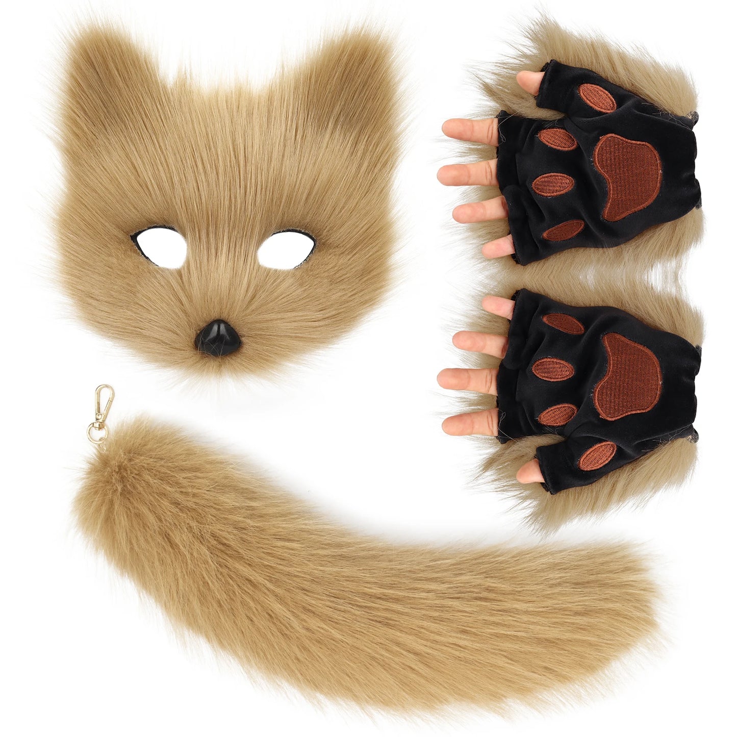 LLavero de cola de zorro de piel esponjosa, guantes con patas de gato y máscara de lobo Therian, conjunto para accesorios de disfraz de Halloween