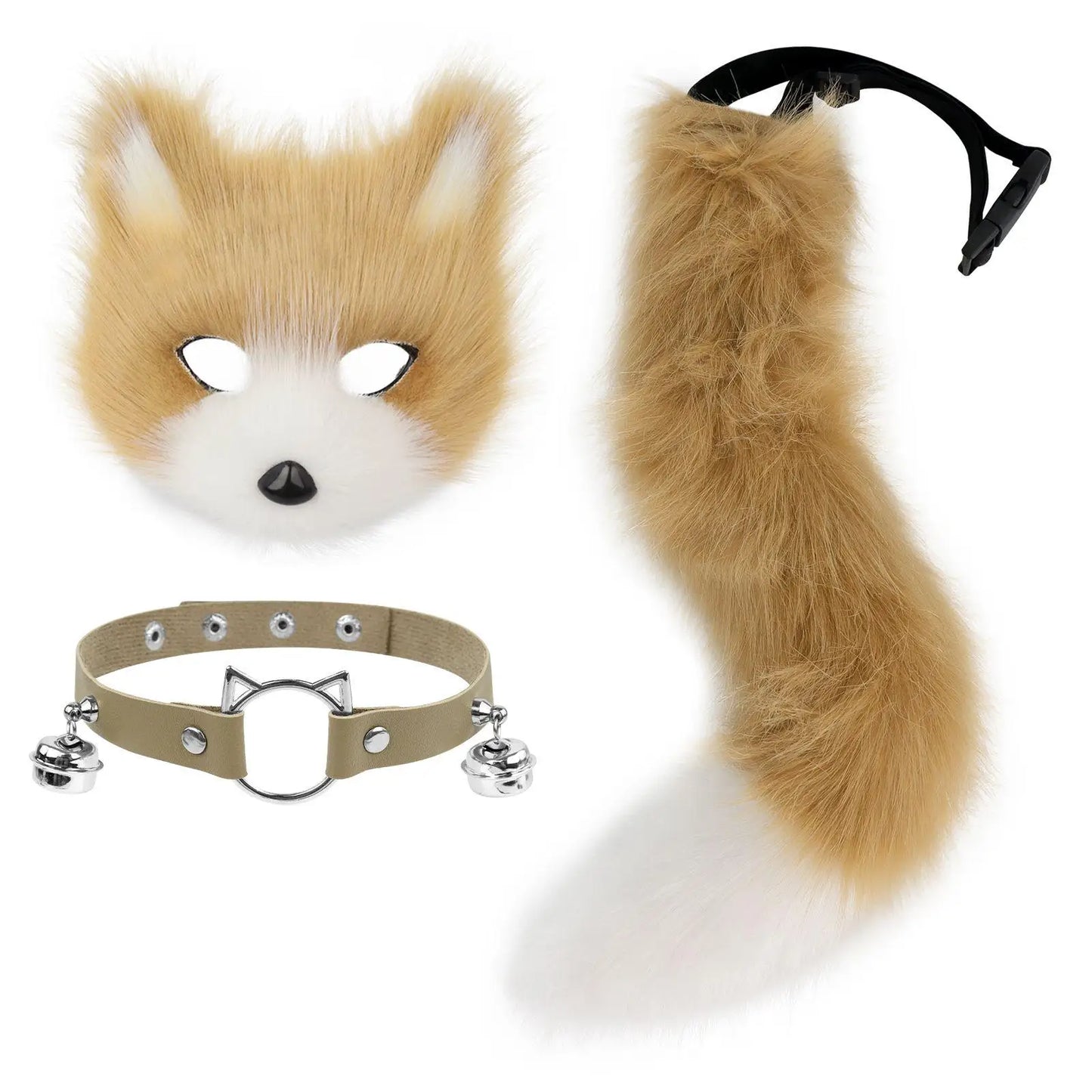 Máscara de zorro de piel sintética, cola esponjosa de gato lobo y collar de cuero, conjunto de accesorios para THERIANS