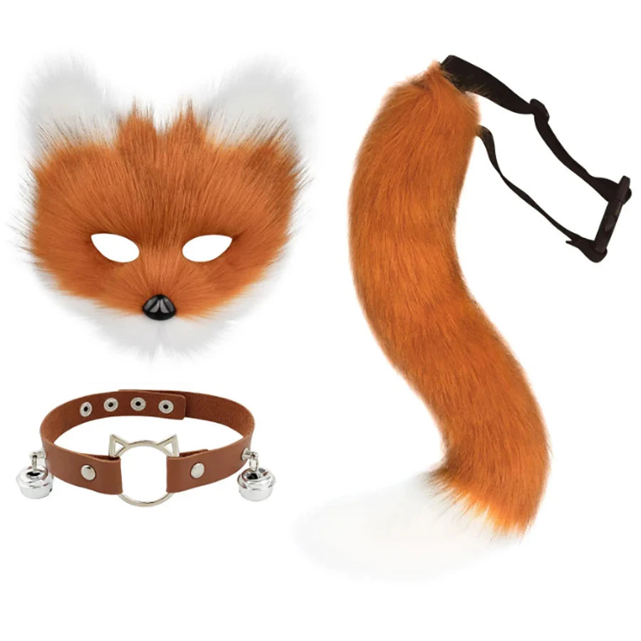 Máscara de zorro de piel sintética, cola esponjosa de gato lobo y collar de cuero, conjunto de accesorios para THERIANS