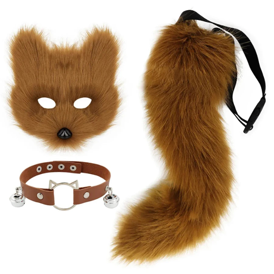 Máscara de zorro de piel sintética, cola esponjosa de gato lobo y collar de cuero, conjunto de accesorios para THERIANS