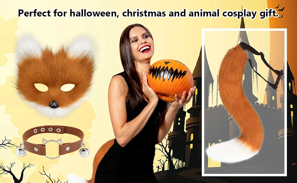 Máscara de zorro de piel sintética, cola esponjosa de gato lobo y collar de cuero, conjunto de accesorios para THERIANS