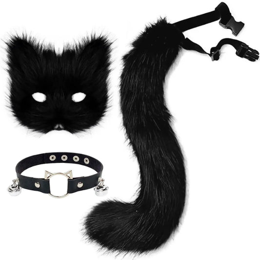 Máscara de zorro de piel sintética, cola esponjosa de gato lobo y collar de cuero, conjunto de accesorios para THERIANS