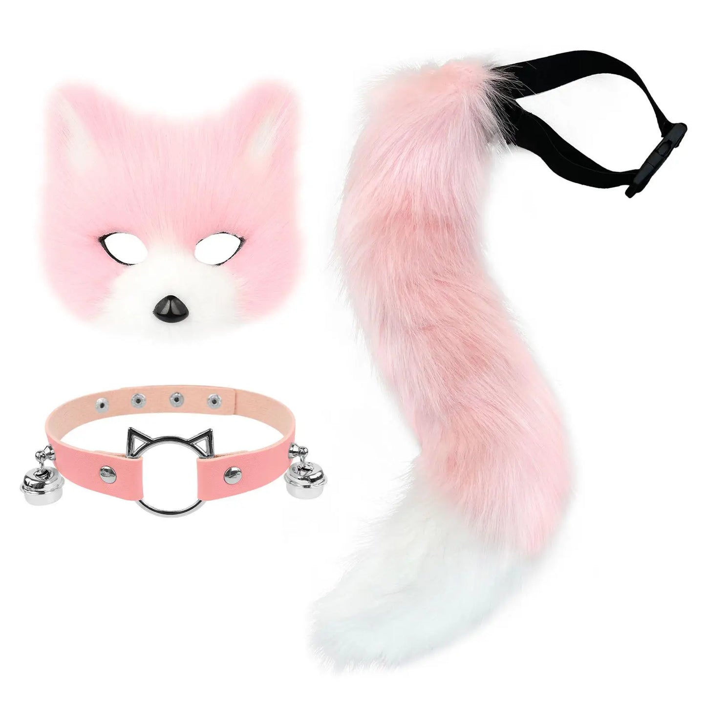 Máscara de zorro de piel sintética, cola esponjosa de gato lobo y collar de cuero, conjunto de accesorios para THERIANS