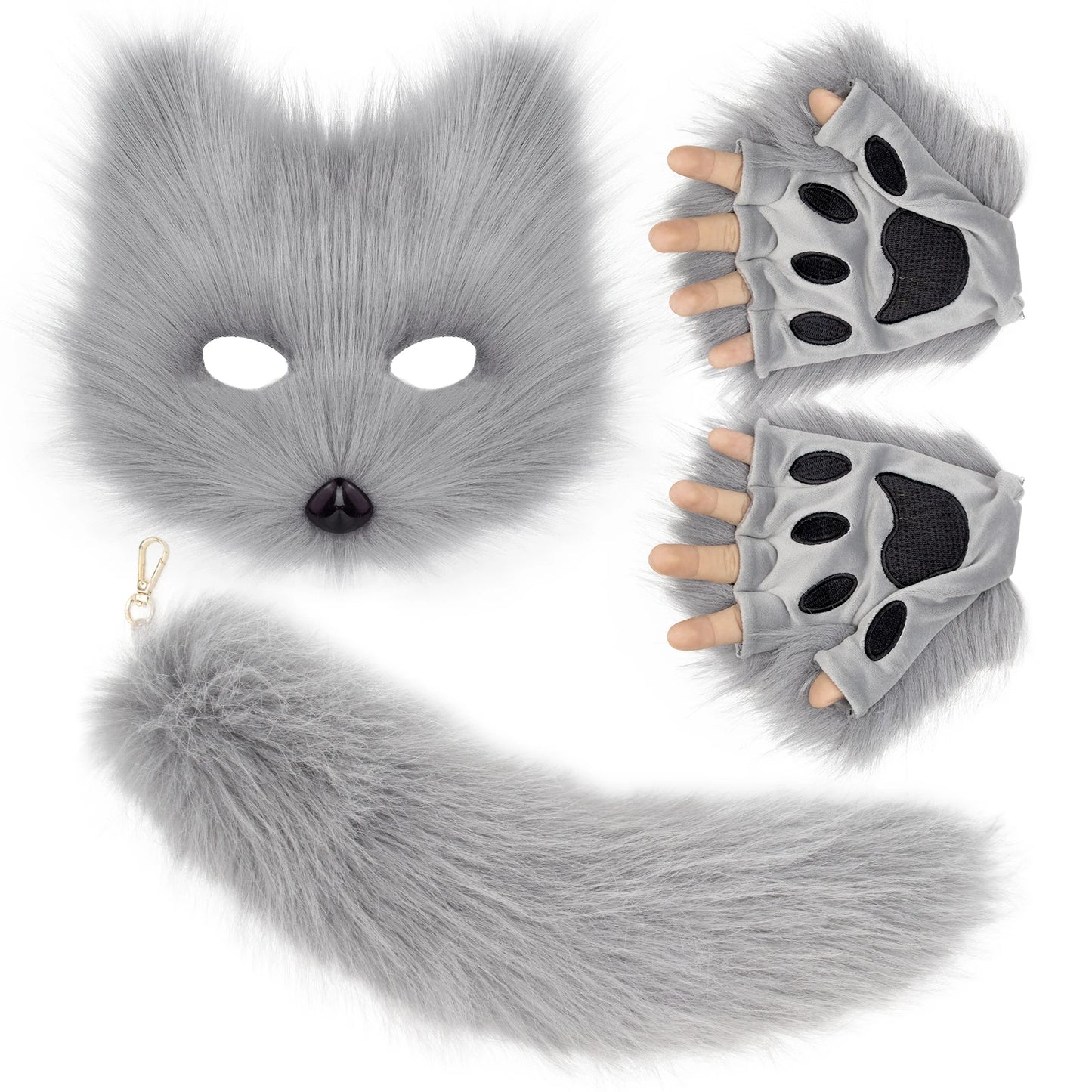 LLavero de cola de zorro de piel esponjosa, guantes con patas de gato y máscara de lobo Therian, conjunto para accesorios de disfraz de Halloween