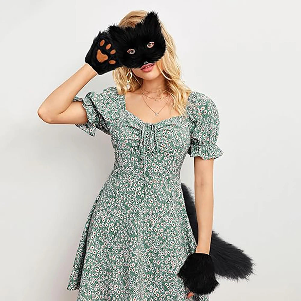 LLavero de cola de zorro de piel esponjosa, guantes con patas de gato y máscara de lobo Therian, conjunto para accesorios de disfraz de Halloween