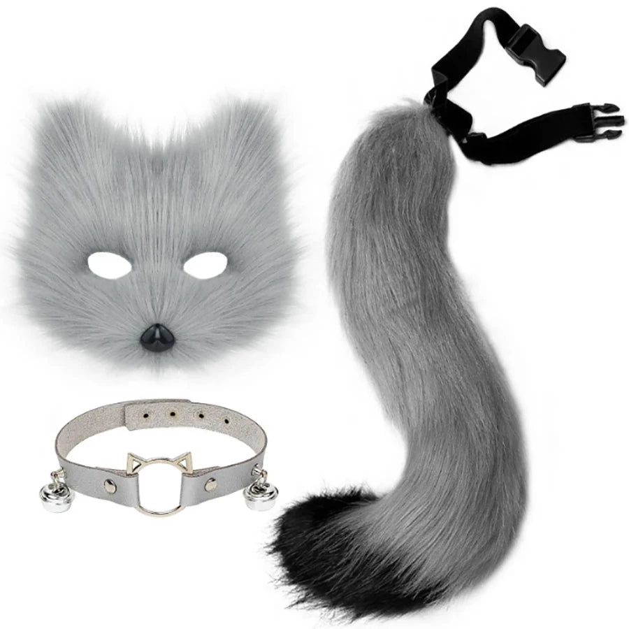 Máscara de zorro de piel sintética, cola esponjosa de gato lobo y collar de cuero, conjunto de accesorios para THERIANS